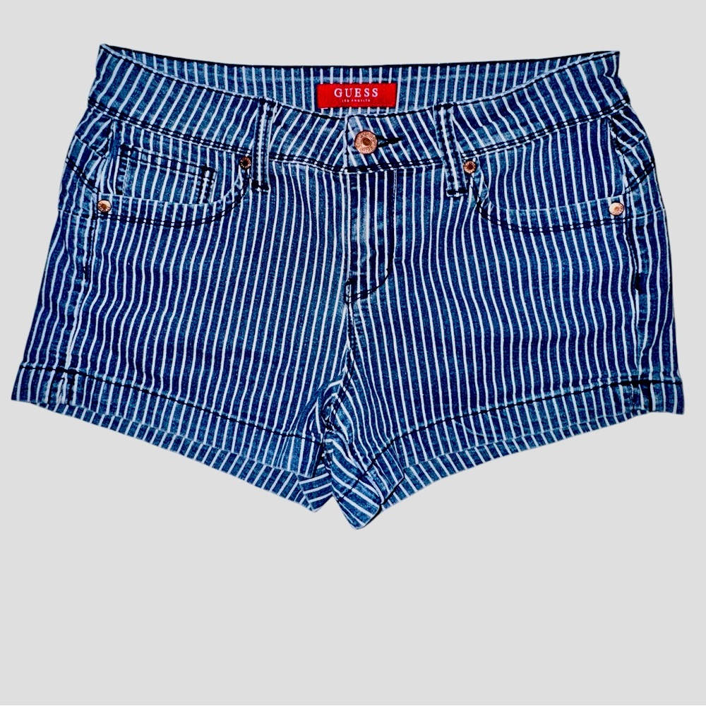 Guess blue vertical white pinstripes denim shorts front back pockets cuffed hem